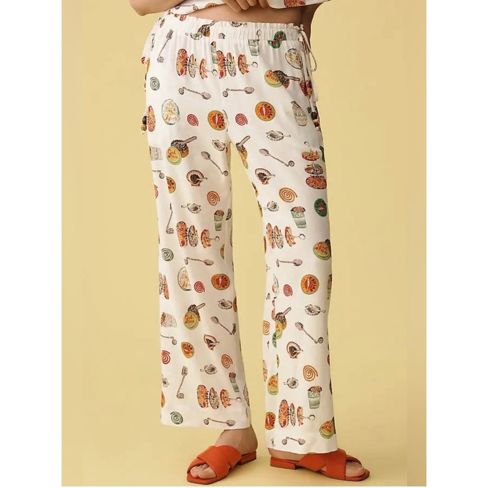 Lisa Says Gah Nora Pant XL Caviar Dreams Quirky Food Print Linen Blend Wide Leg